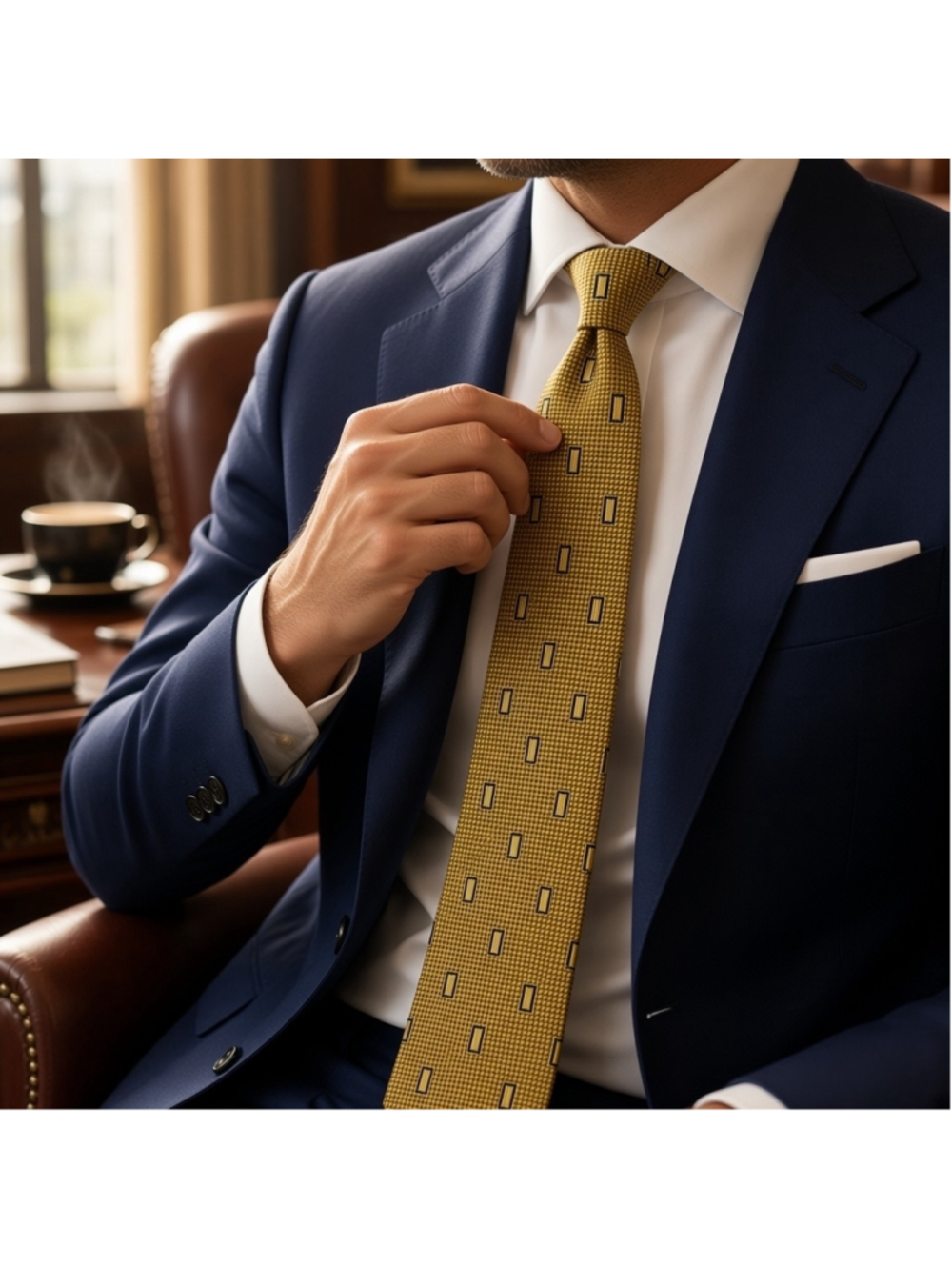 Barneys New York Tie SILK GoldYellow Black Geometric Pattern
